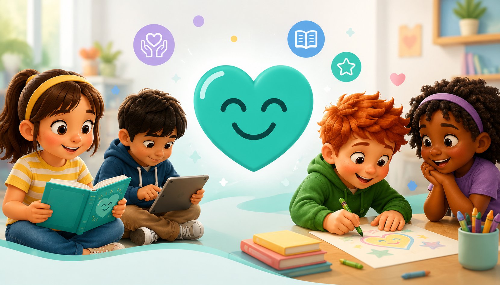 Kids reading, drawing and learning together with the emozi heart